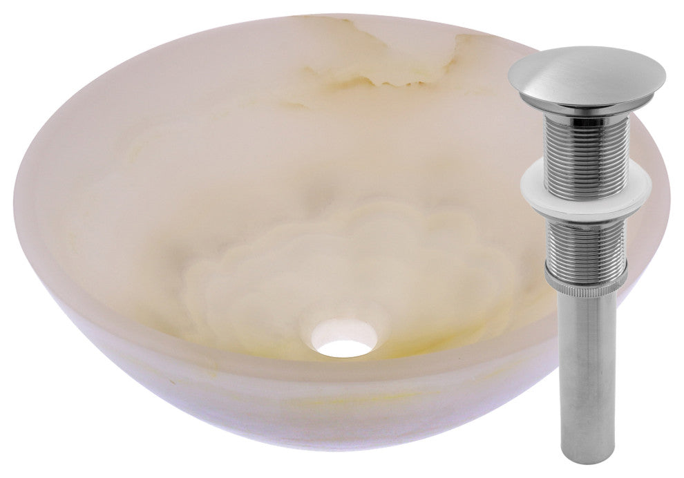 White Onyx Vessel Sink and Drain, Brushed Nickel