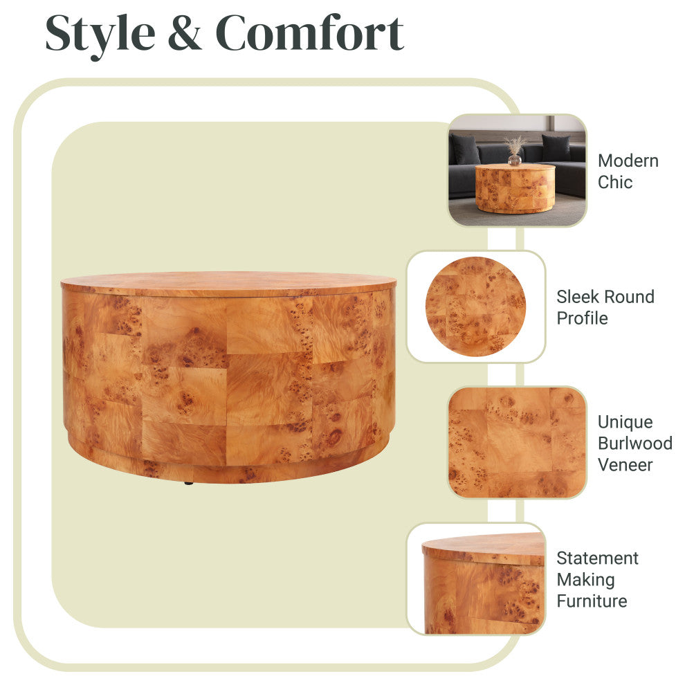Arsenio Burl Wood Round Table, Golden Brown Burl, Coffee Table
