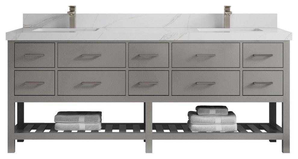 Parker 84" Double Sink Bath Vanity, Elephant Skin Gray 2" Calacatta Sienna