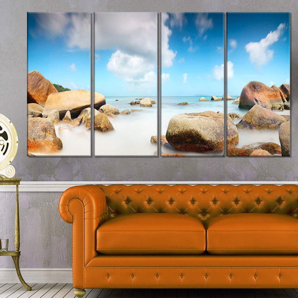 "Rocky Blue Seashore Panorama" Wall Art Landscape, 4 Panels, 48"x28"