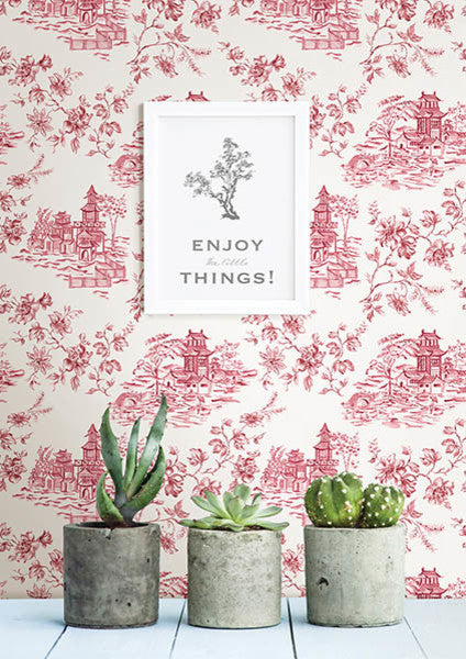 Asian Village Toile Wallpaper, Raspberry, Bolt