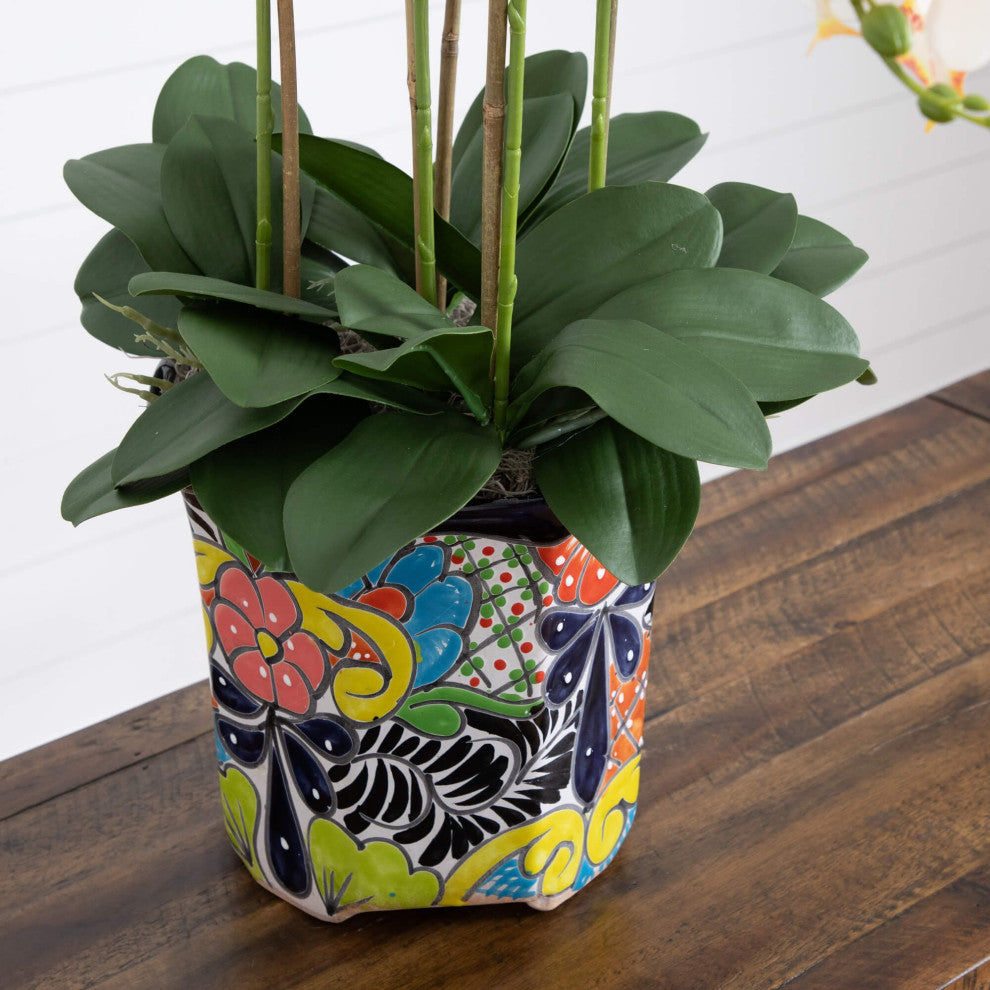 36" Faux Large Orchid Arrangement, Handmade Mexican Talavera Ceramic Planter