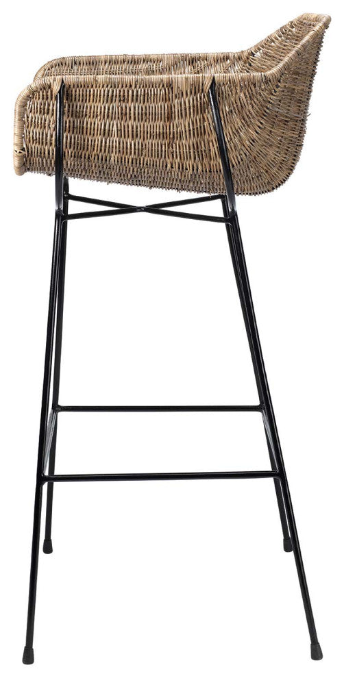 Contemporary Minimalist Natural Rattan Bar Stool Curved Seat Black Met