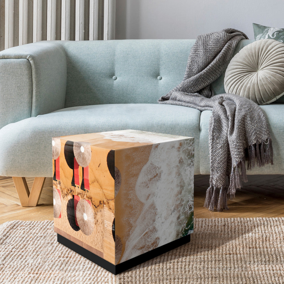 "Beach Bliss II" Reverse Printed Beveled Glass Side Table with Black Plinth Base