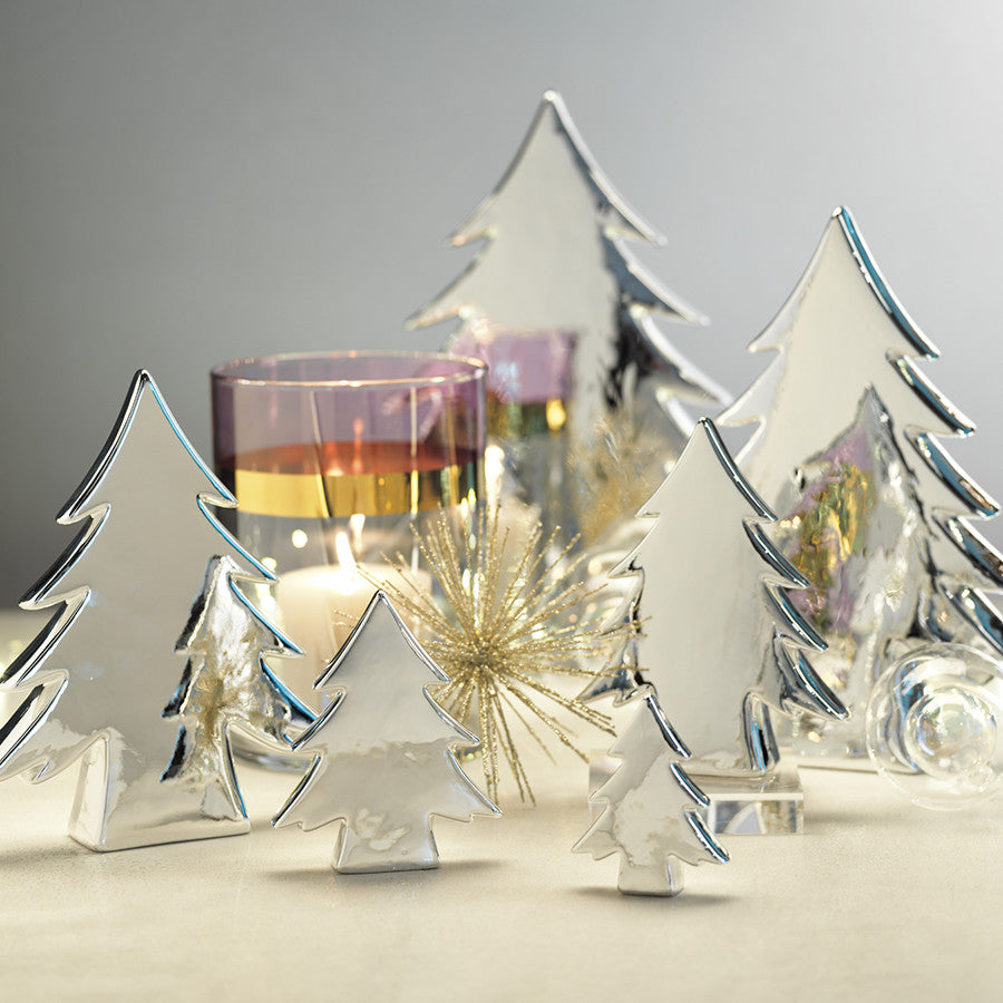4.5" Tall "Teton" Ceramic Christmas Tree Tabletop Decoration, Silver, Set of 6