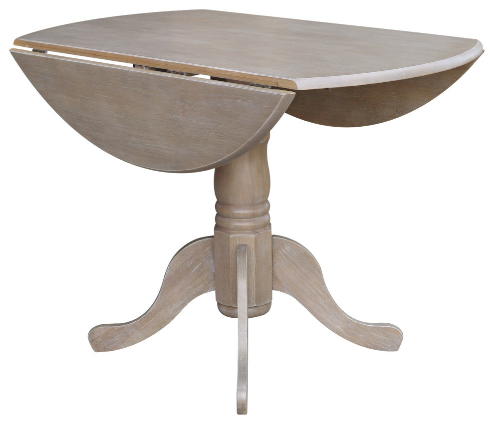 42" Round Dual Drop Leaf Pedestal Table, Washed Gray Taupe
