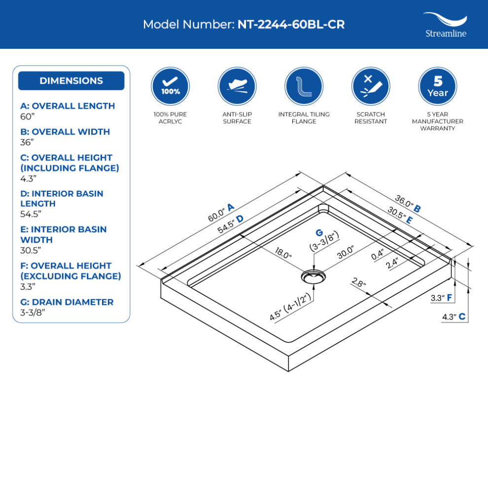Streamline NT-2244-60BL-CR 60"x36" Shower Base, Drain Included