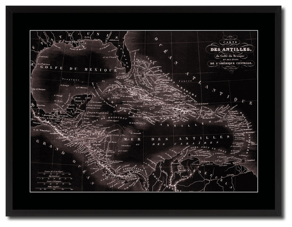 West Indies Caribbean Vintage Vivid Sepia Map Canvas, 28"x37"
