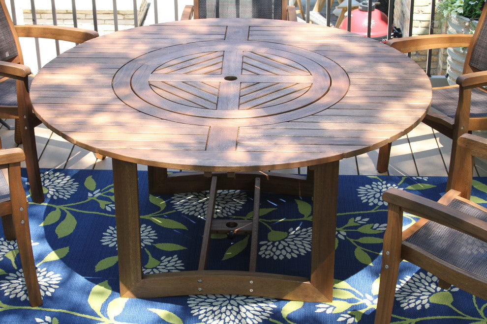 7-Piece Eucalyptus Dining Set With Stacking Armchairs and Built-In Lazy Susan