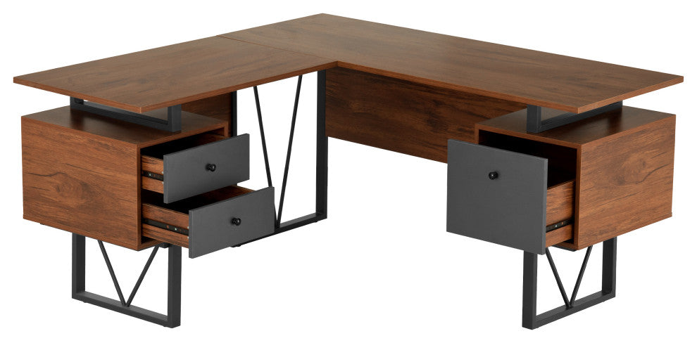 Reversible L-Shape Computer Desk With Drawers and File Cabinet