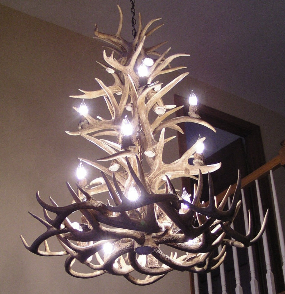 Whitetail Deer Tall Spruce Antler Chandelier Light, Extra Large, Parchment Shade
