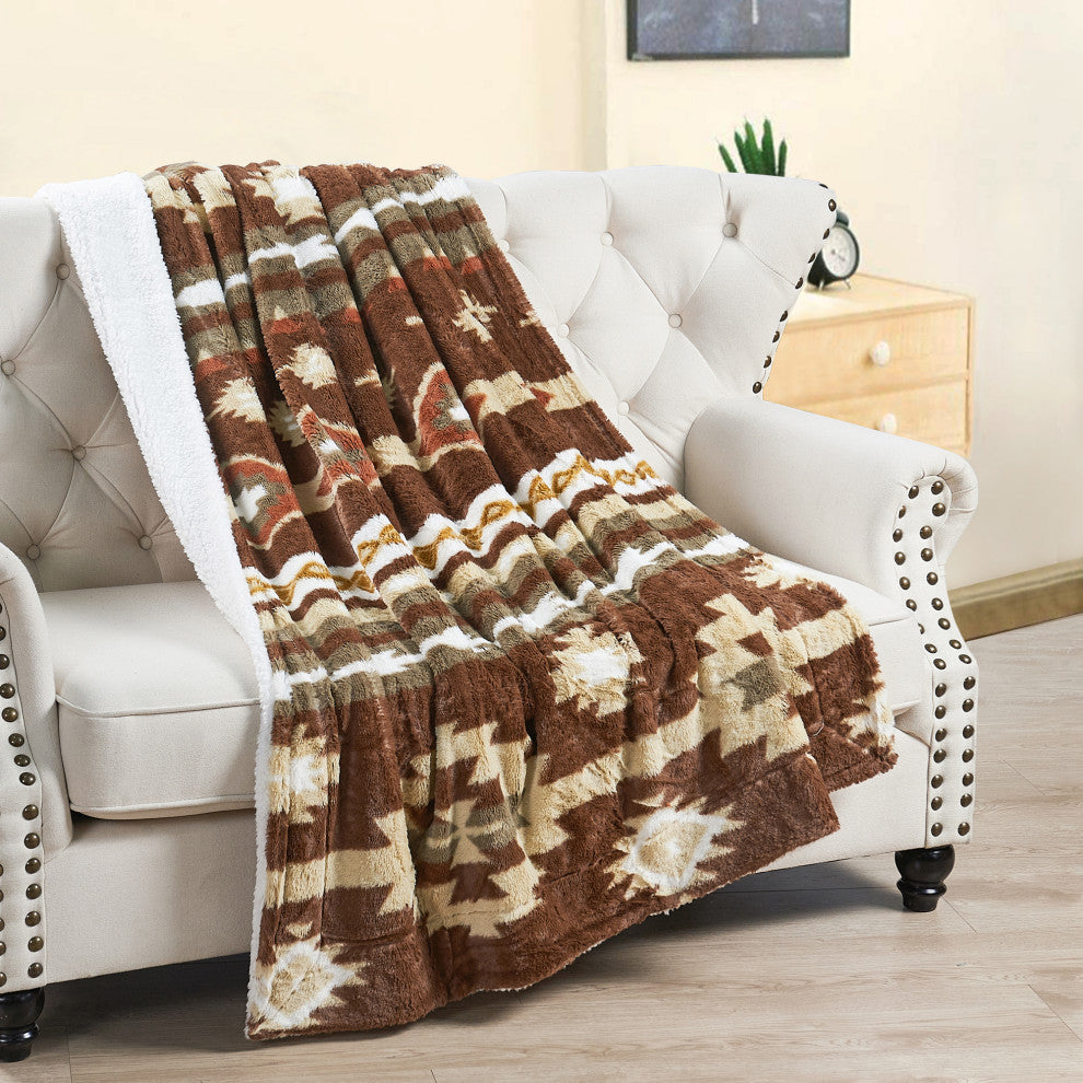 Southwest Faux Fur & Sherpa Backing Throw Blanket, Coffee, 60" X 80"