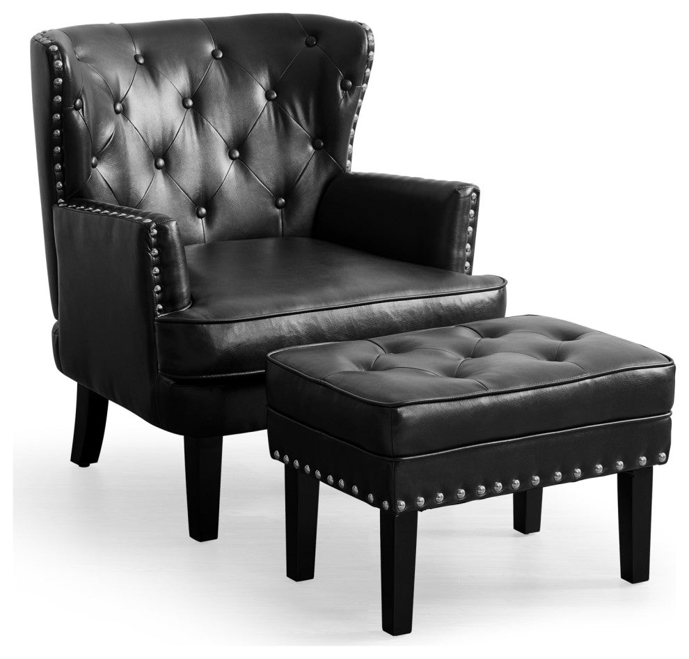 Set of 2 Accent Chair and Accent Stool, Black