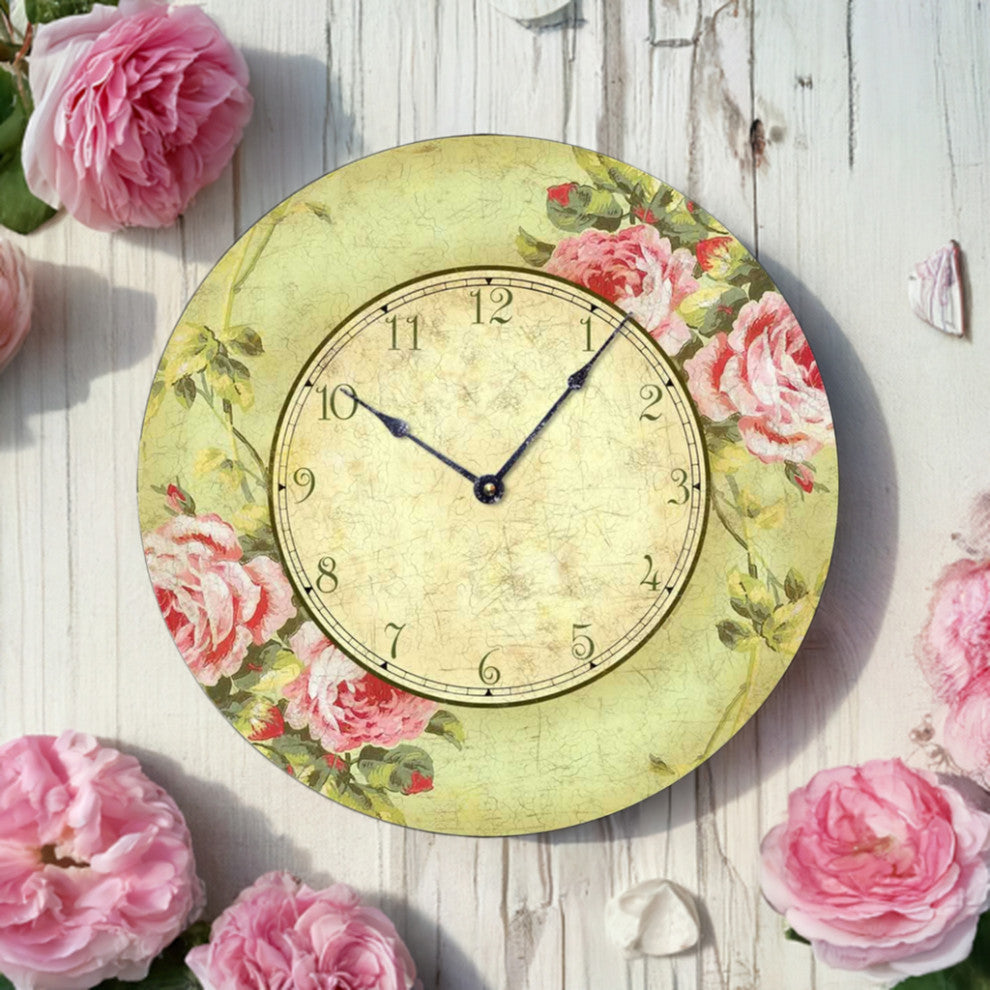 Vintage-Style Pink Rose Clock, 12 Inch Diameter