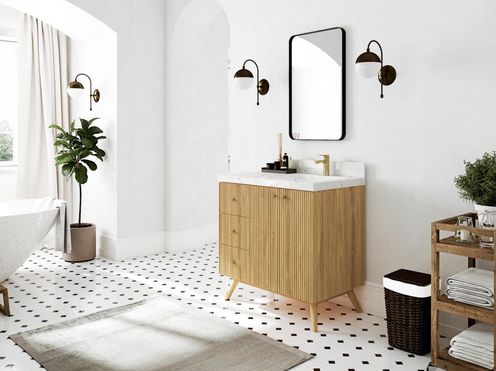 Pasadena 36" Right Offset Bath Vanity, Light Natural Teak 2" Calacatta Poanazzo
