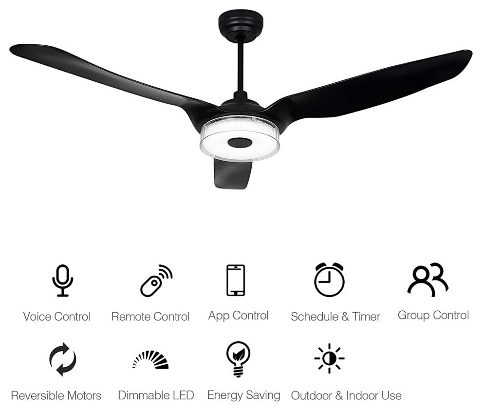 Carro Smart Voice Control Ceiling Fan with Dim LED Light and Remote 10-speed, Black, 60 in