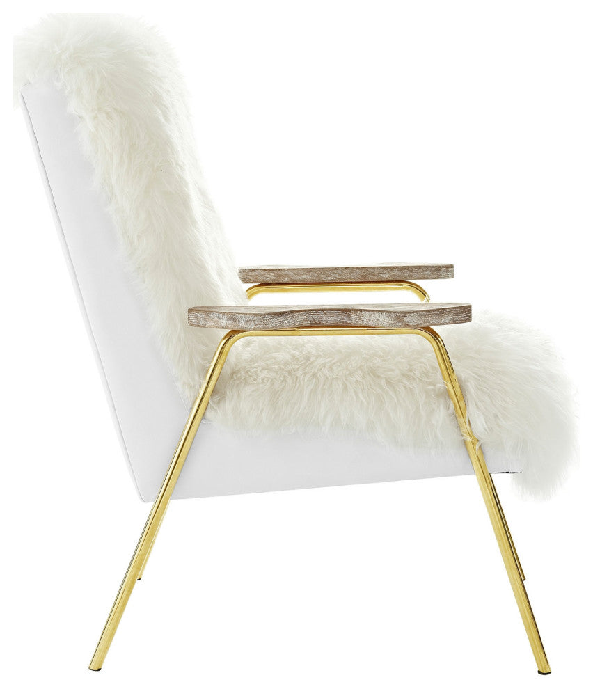 Sheepskin Armchair, Mid Century Modern Fur Accent Chair, Gold Lounge Chair, Whit