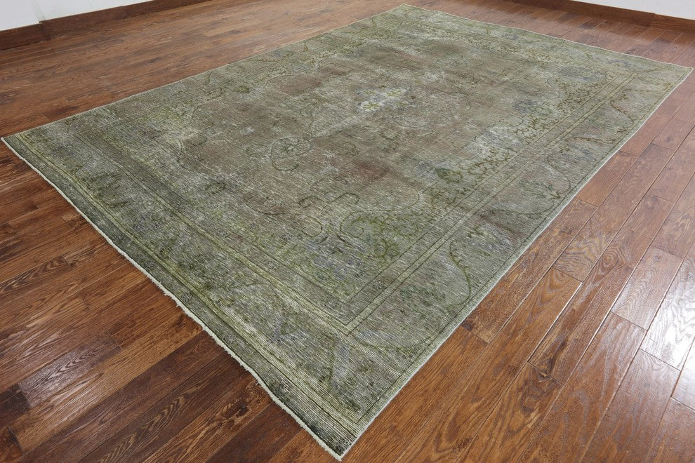 9'x13' Oriental Green Wash Overyded Hand Knotted Wool Floral Area Rug H8882