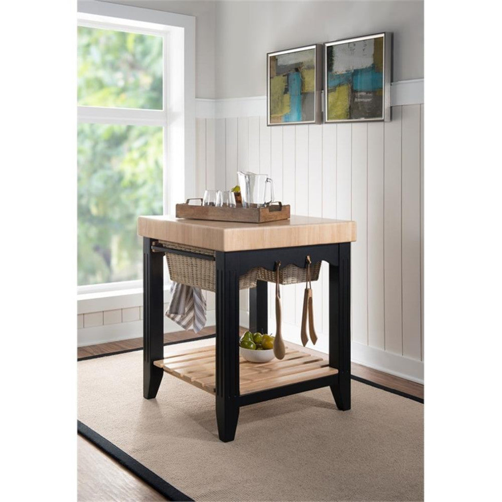Linon Kolton Butcher Block Kitchen Island 2 Baskets in Black/Natural Wood