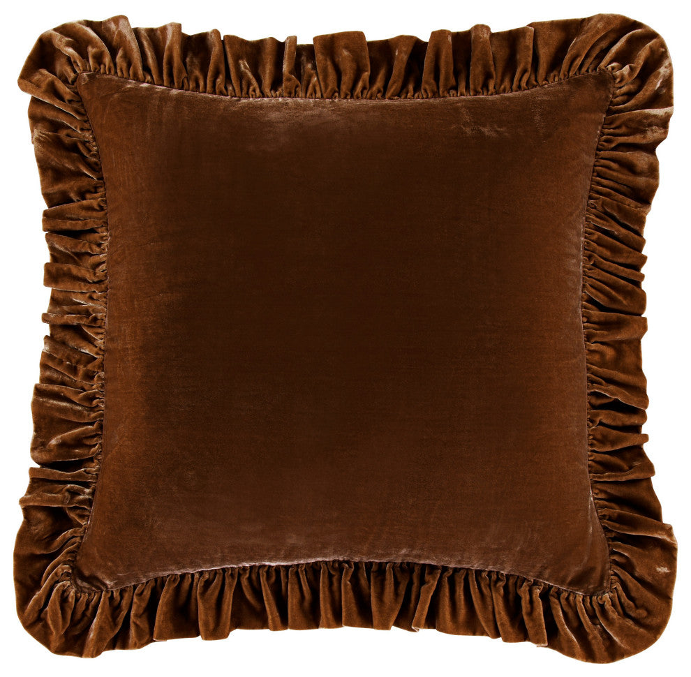 Stella Faux Silk Velvet Ruffled Euro Sham, 27" x 27", 1PC, Copper Brown