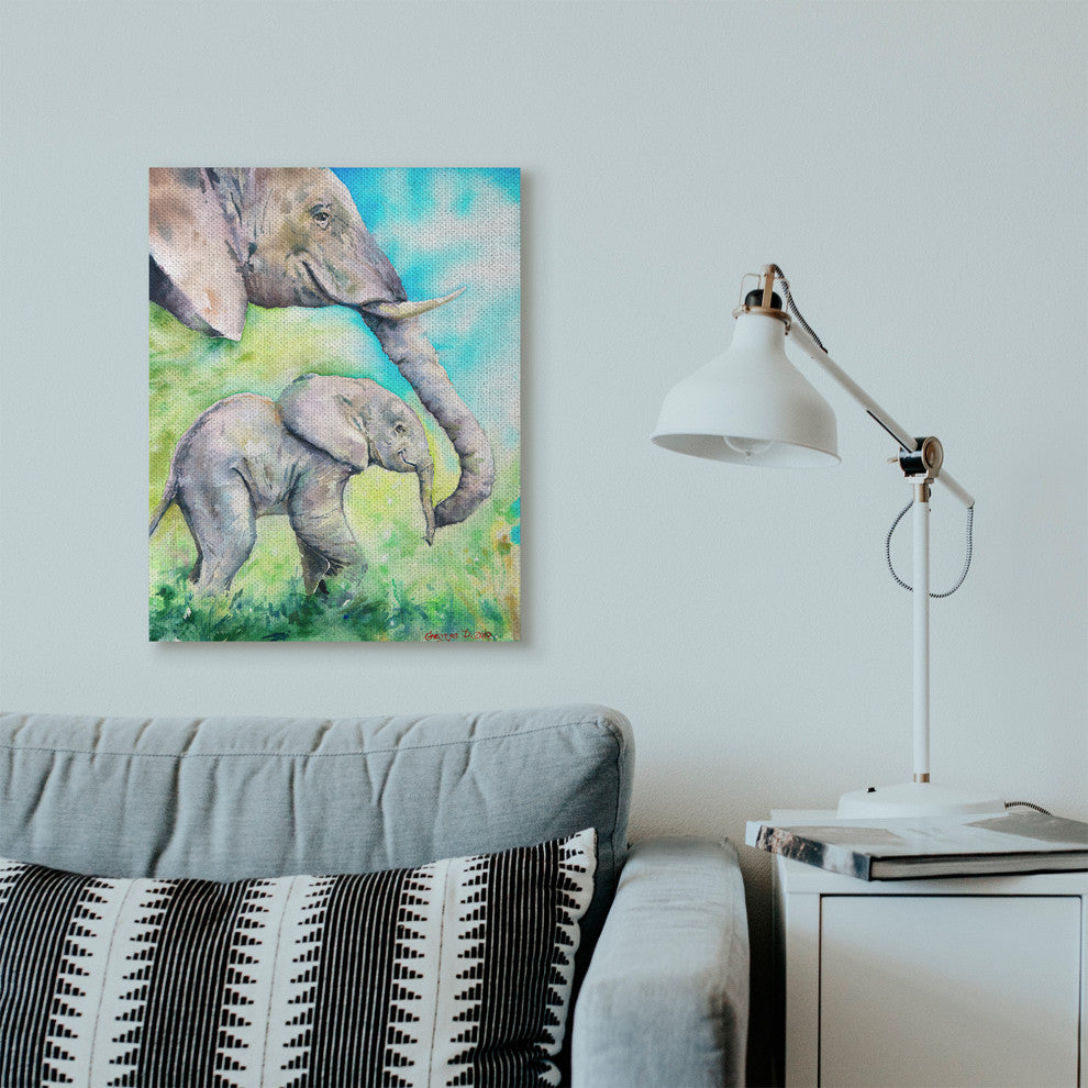 Cute Baby Elephant Family Animal Blue Painting, 24"x30"