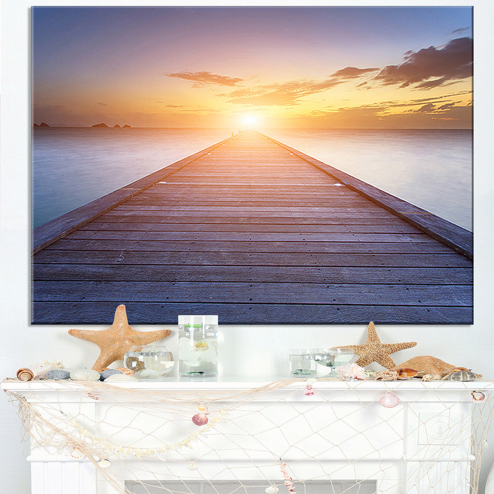 "Wooden Pier To Bright Evening Sun" Sea Bridge Wall Artwork, 40"x30"