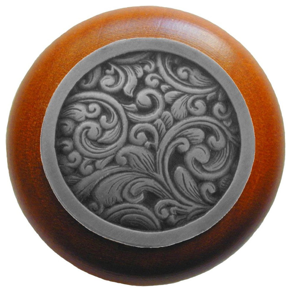 Saddleworth Wood Knob, Antique Brass, Cherry Wood Finish, Antique Pewter