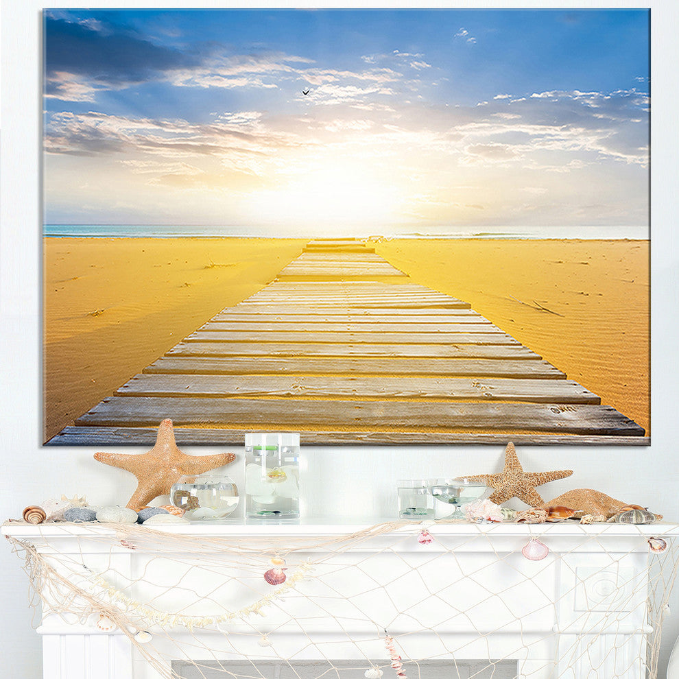 "Wooden Road At Blue Sea Beach" Sea Bridge Canvas Wall Artwork, 40"x30"