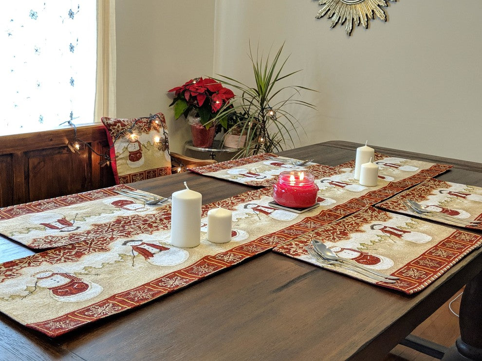 Mr. and Mrs. Snowman Couple Woven Tapestry Table Runner, 13"x90"