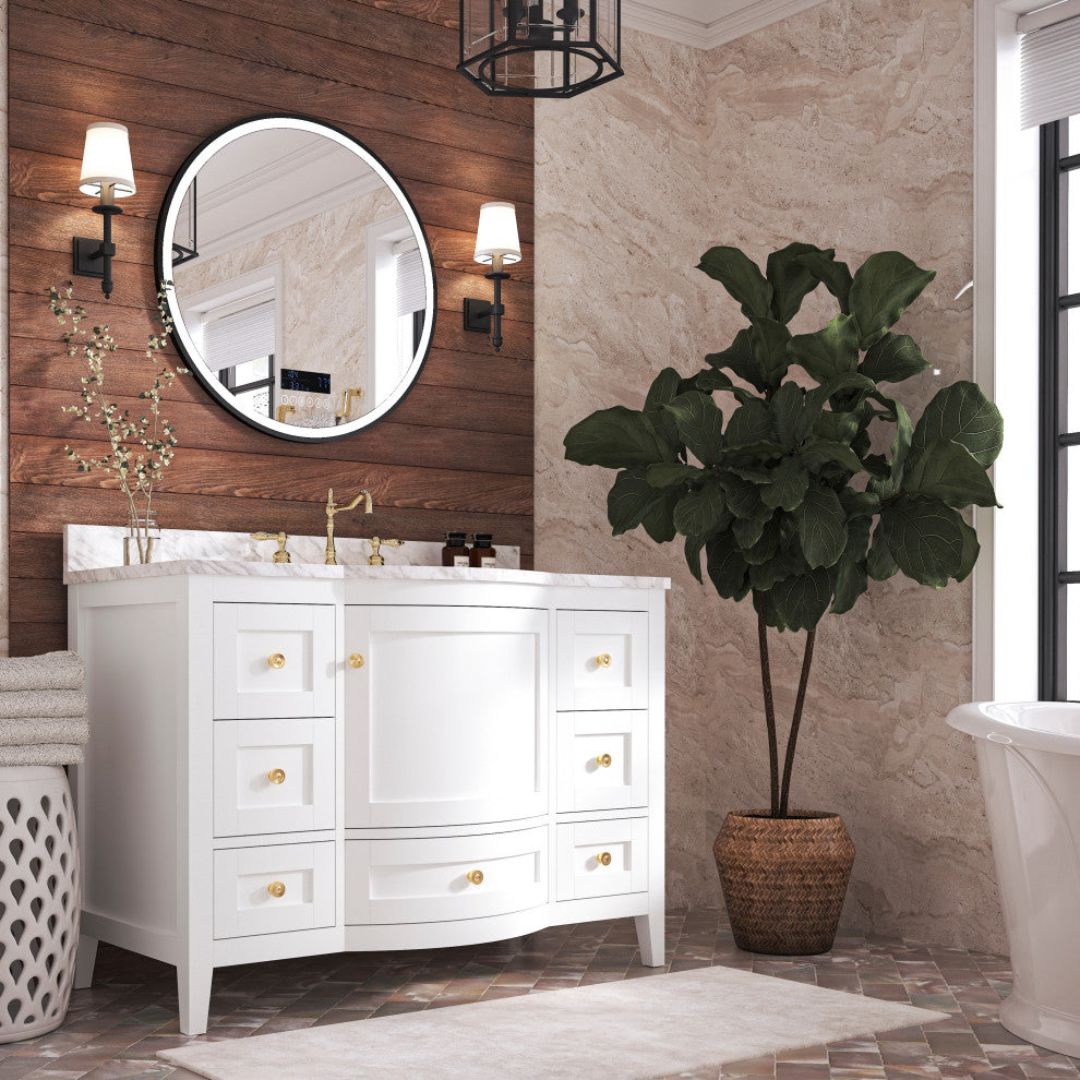 Lauren 48" Vanity Set, White, 48", Gold Hardware, Cararra White Marble Countertop and Mirror