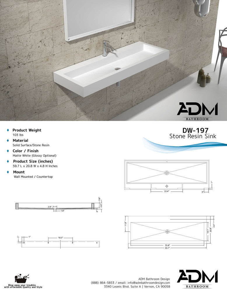 ADM Rectangular Countertop Sink, White, 60", Glossy White