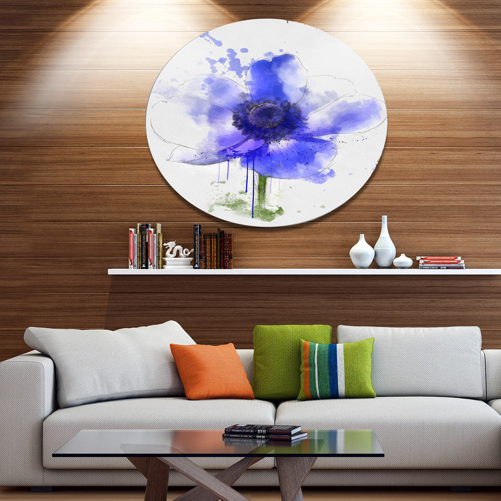 Blue Anemone Sketch Watercolor, Floral Disc Metal Artwork, 36"