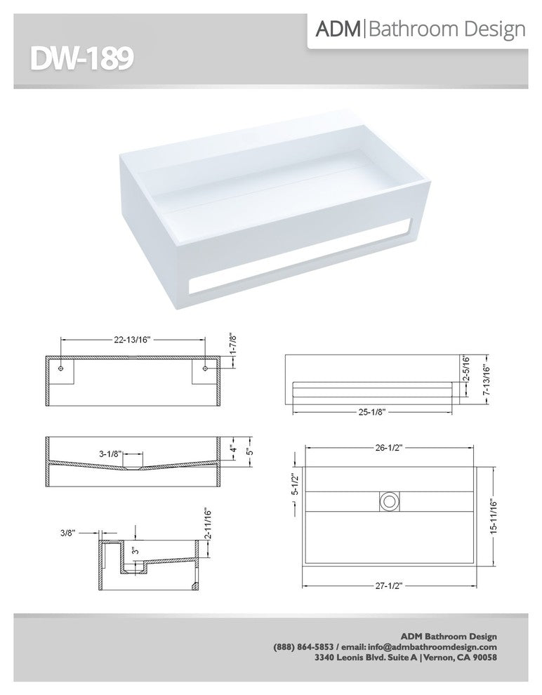 ADM Rectangular Countertop Sink, White, 28", Matte White