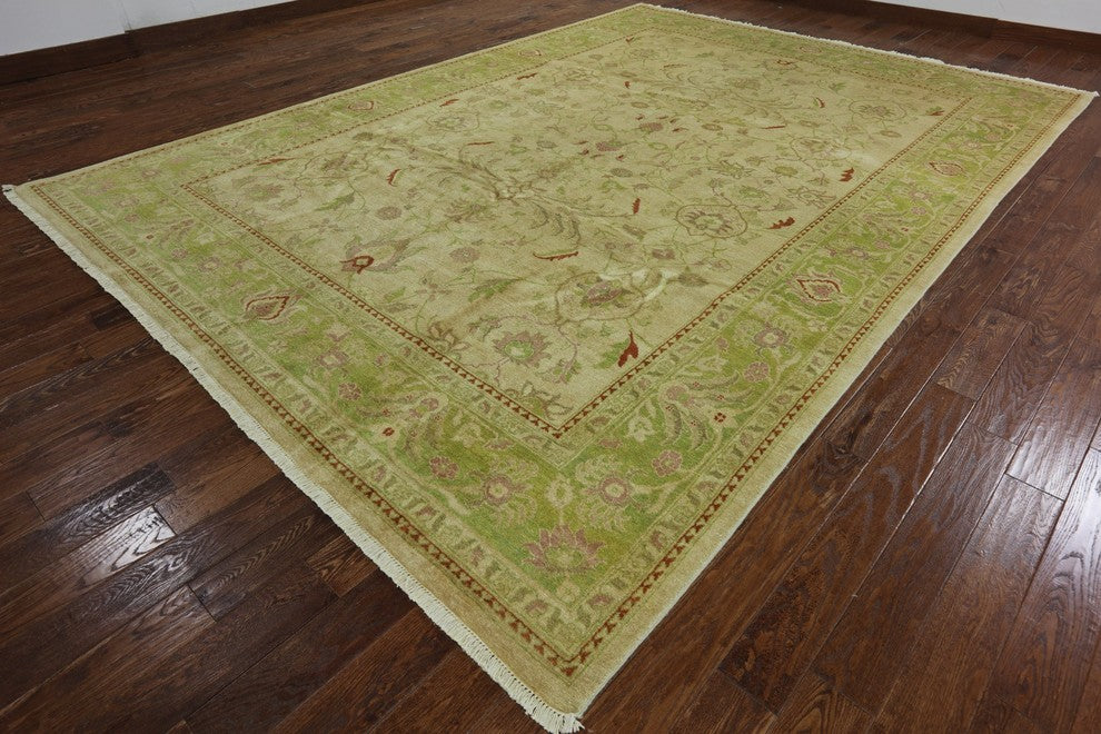 Ivory and Green Floral Peshawar Hand-Knotted Oushak Chobi Wool Rug, 10'x14'