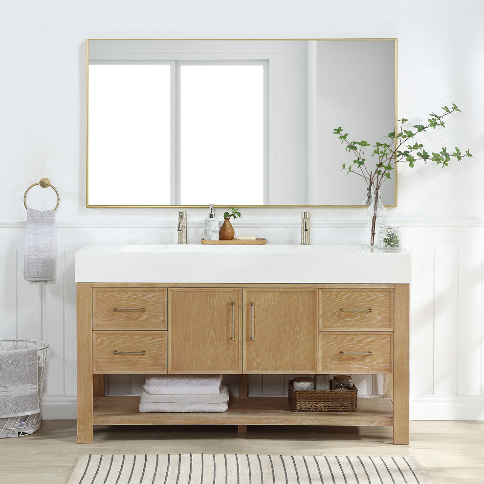 Vera Bath Vanity with Stone Top, Washed Ash Grey, 60", Single Vanity, No Mirror