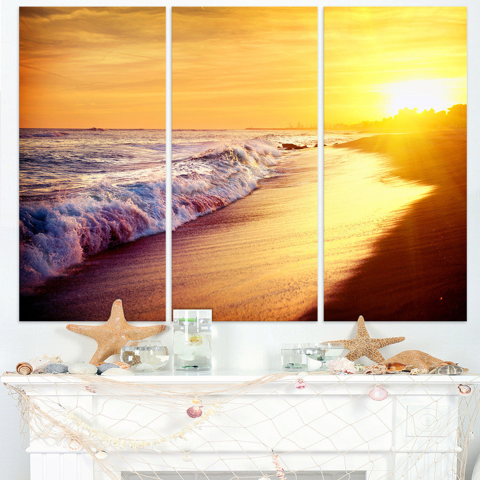 "Bright Yellow Sky With Foam Waves" Metal Wall Art, 3 Panels, 36"x28"