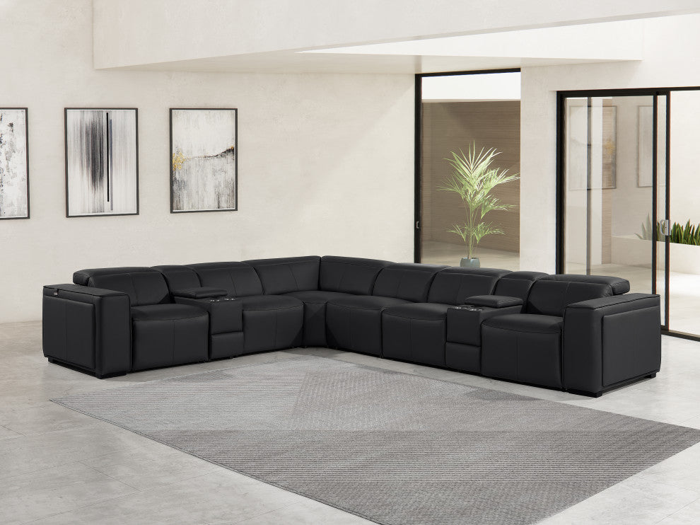 Niccolo Italian Leather 8-Piece L-Shaped Power Reclining Sectional, Black