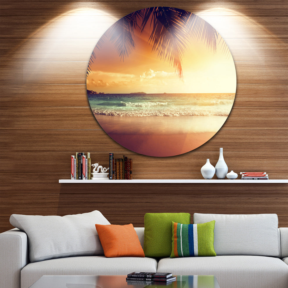 Palm Leaves On Caribbean Seashore, Modern Seashore Round Wall Art, 23"
