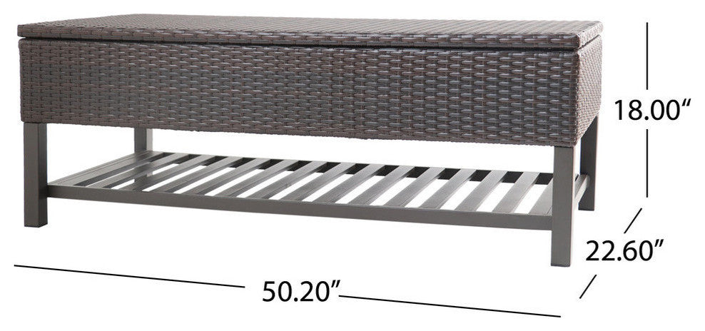 GDF Studio Martina Wicker and Iron Storage Bench With Rack, Multi Brown