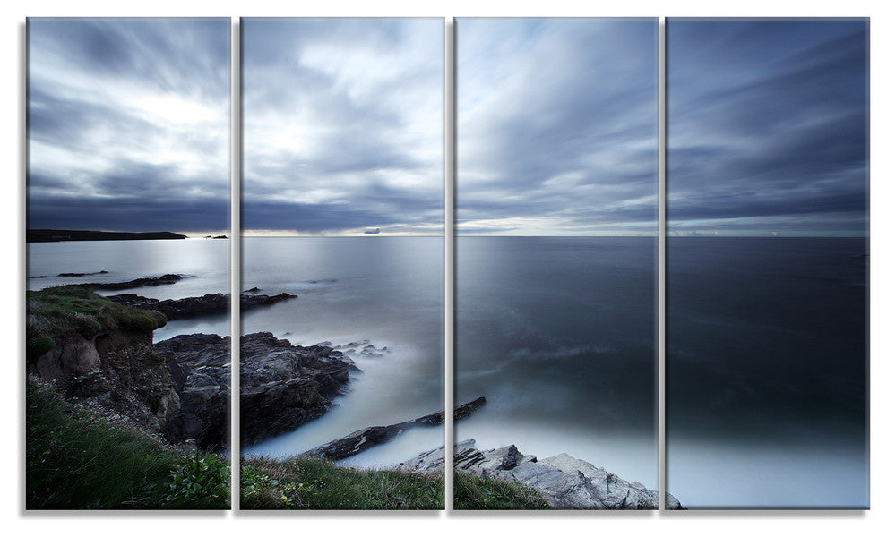 "Gloomy Bluish Atlantic Beach Portugal" Seashore Wall Art, 4 Panels, 48"x28"