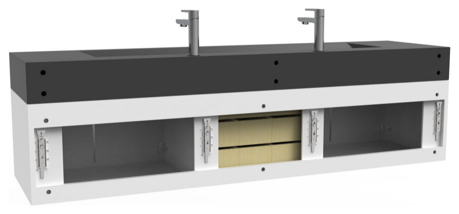 CastelloUSA Nile 72" Wall Mounted Bathroom Vanity Set, White, Black Top, Chrome Handles