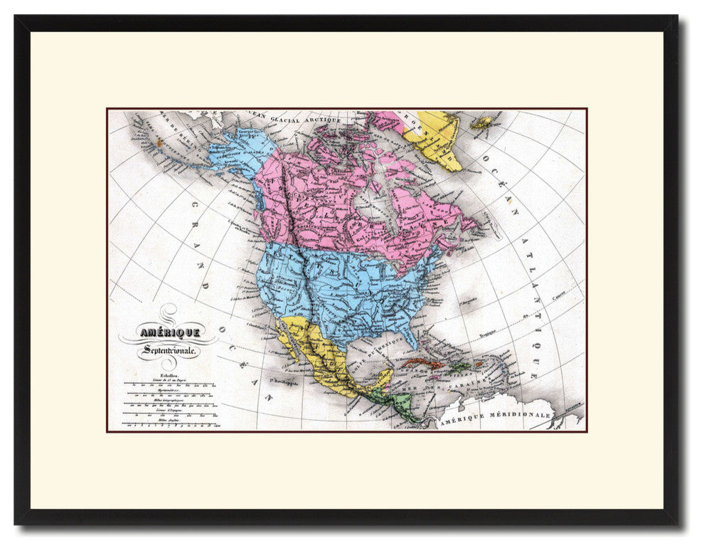 North America Canada Mexico Map Print On Canvas With Picture Frame, 16" X 21"