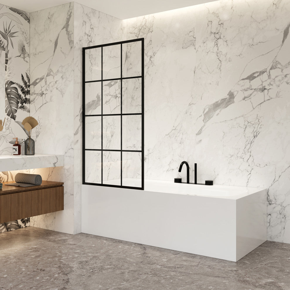 Puente Bathtub Screen Framed Glass Shower Door Shower Panel, Matte Black, 34" W X 58"h