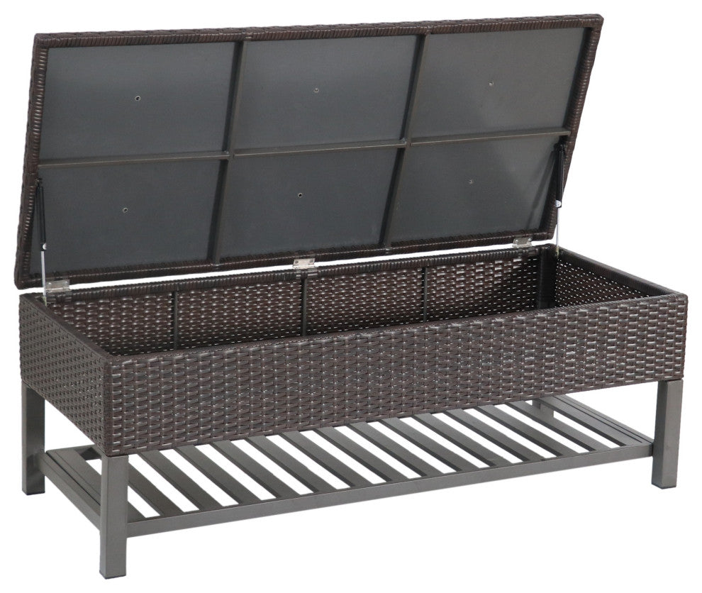 GDF Studio Martina Wicker and Iron Storage Bench With Rack, Multi Brown