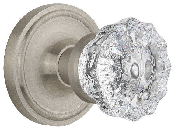 Classic Rosette Privacy Crystal Glass Knob, Satin Nickel