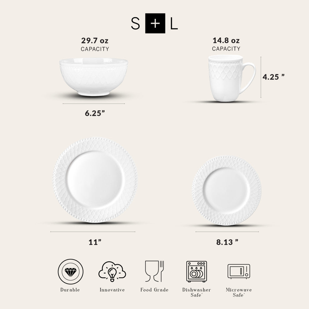 Stone Lain Alexandria Bone China 16 Piece Dinnerware Set, White