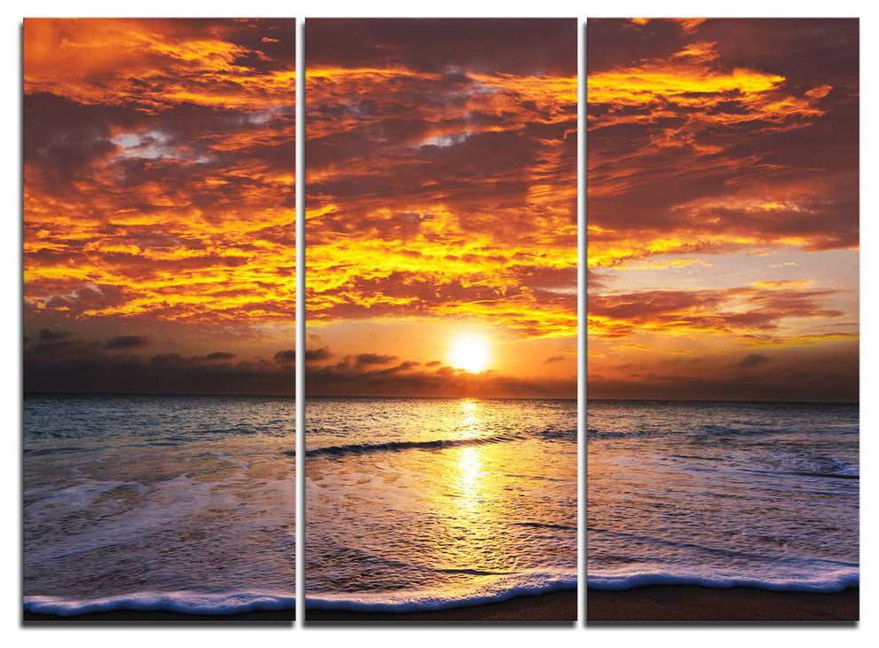 "Yellow Sunset Above Foaming Waves" Beach Metal Wall Art, 3 Panels, 36"x28"