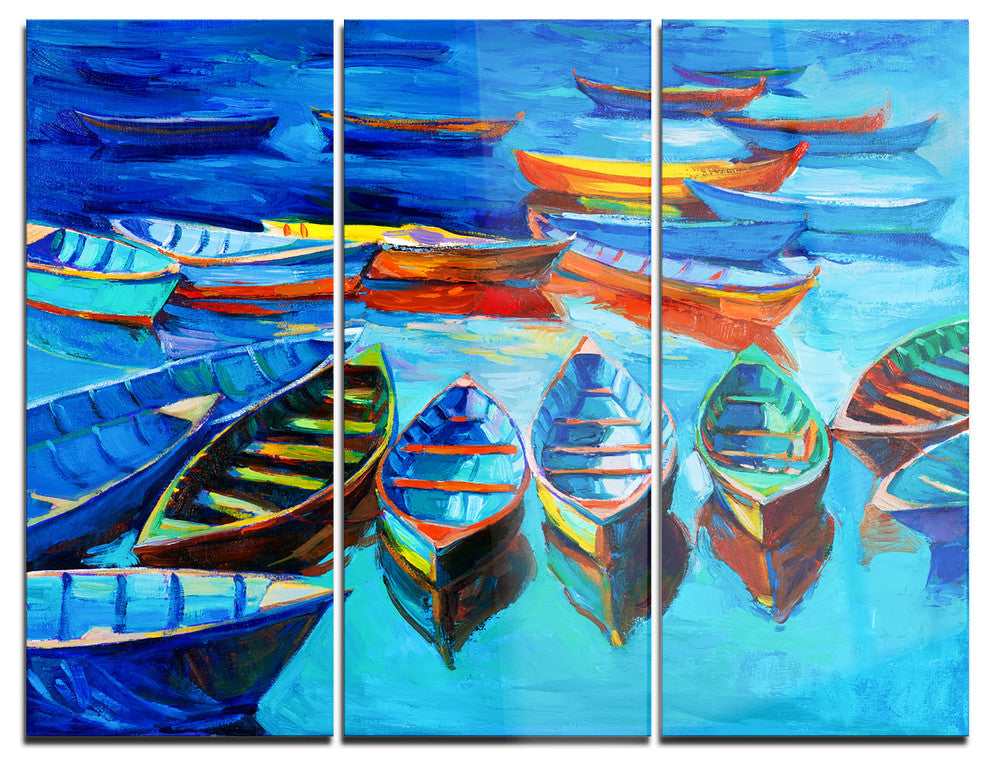 "Boats in Blue Sea" Painting Metal Wall Art, 3 Panels, 36"x28"