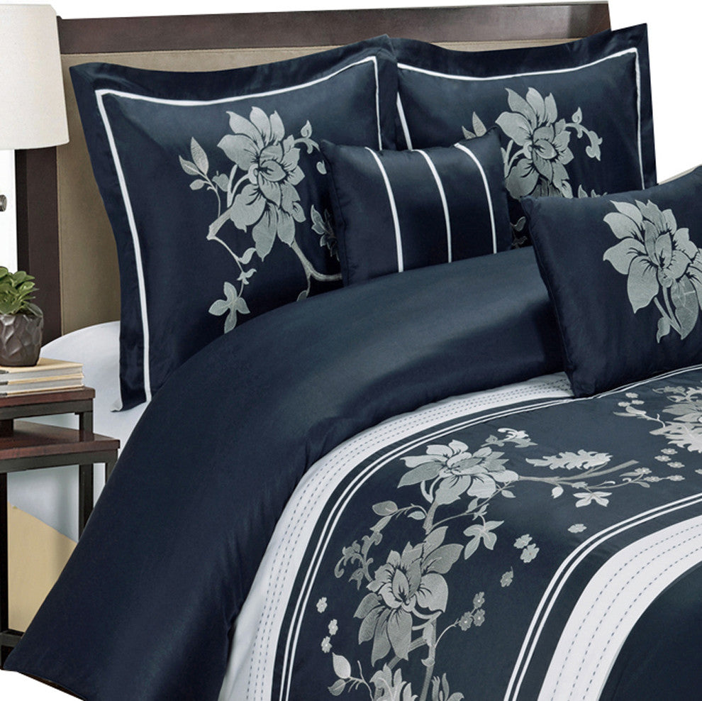 Myra Cotton Floral 5PC Duvet Cover Set, Navy, Full/Queen