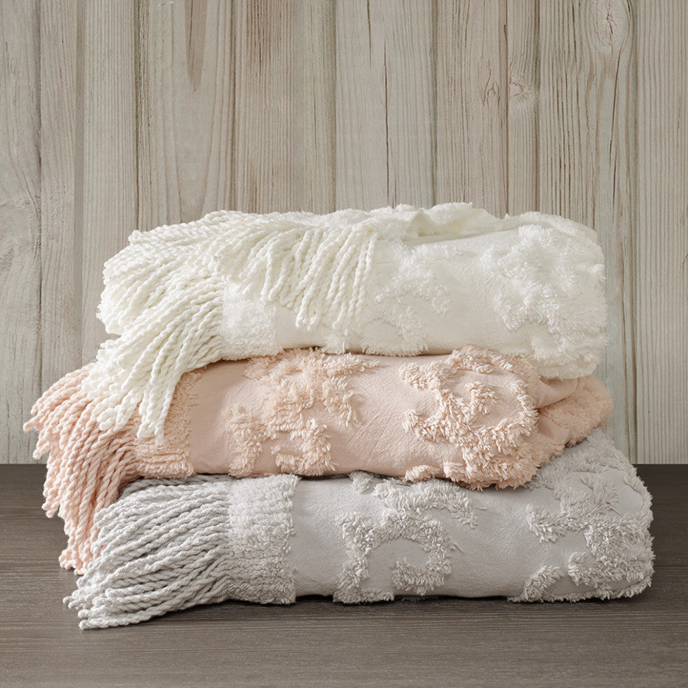 Madison Park Chloe Fringed Tufted Throw Blanket, Boho Pattern, White